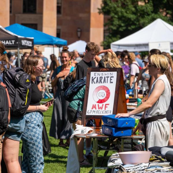 Students explore what CU Boulder has to offer at the 2021 Be Involved Fair in the Norlin Quad. (Photo by Patrick Campbell/University of Colorado)