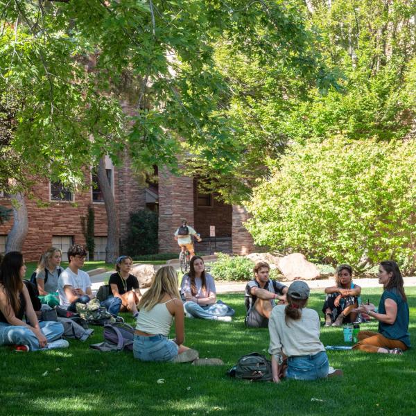 Students enjoy class outside on the first day of classes for CU Boulder's fall 2021 semester. (Photo by Patrick Campbell/University of Colorado)