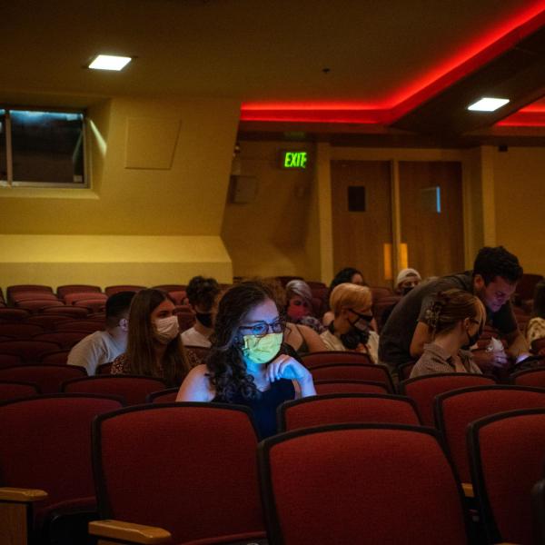 Students participate in a class discussion in Grusin Music Hall on the first day of classes for CU Boulder's fall 2021 semester. (Photo by Patrick Campbell/University of Colorado)