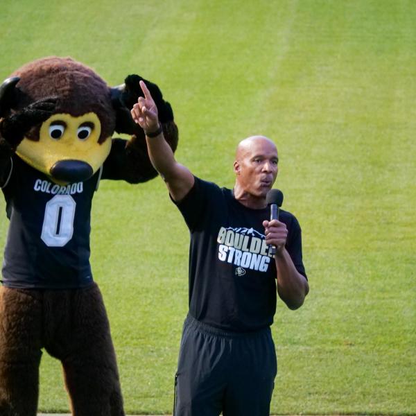 Colorado head football coach Karl Dorrell speaks at the 2021 Kickoff and Spirit Night at Folsom Field on Aug. 20, 2021. (Photo by Glenn Asakawa/University of Colorado)