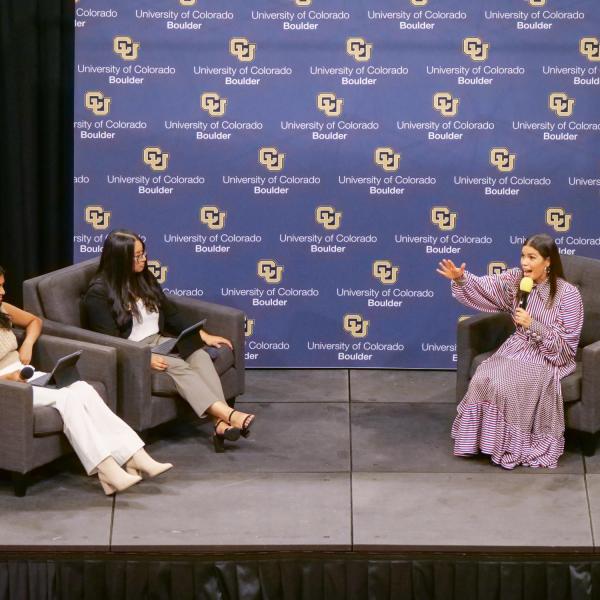 Actress, author and activist America Ferrera speaks at the CU Events Center on Wednesday, Sept. 1, 2021. (Photo by Glenn Asakawa/University of Colorado)