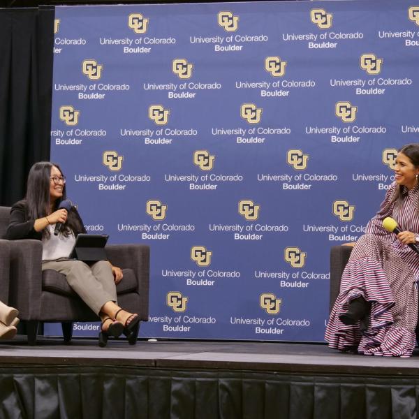 Actress, author and activist America Ferrera speaks at the CU Events Center on Wednesday, Sept. 1, 2021. (Photo by Glenn Asakawa/University of Colorado)