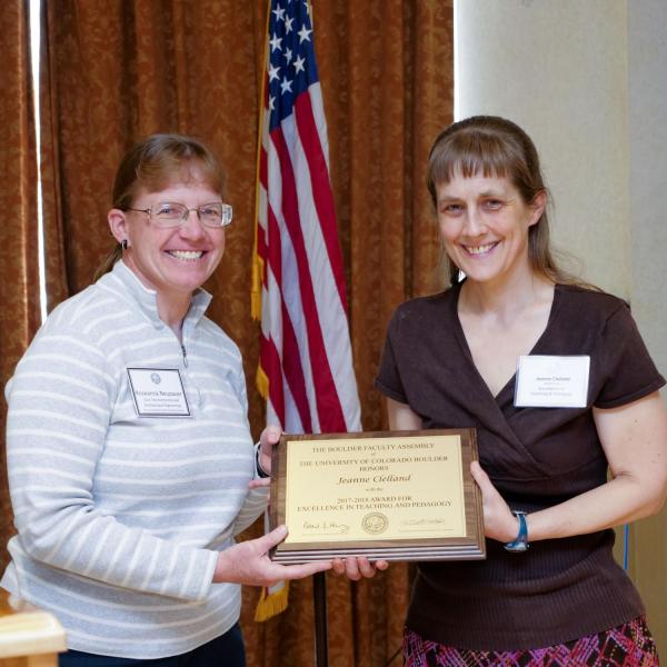 Teaching and Pedagogy Award Selection Committee Chair Roseanna Neupauer and recipient Jeanne Clelland