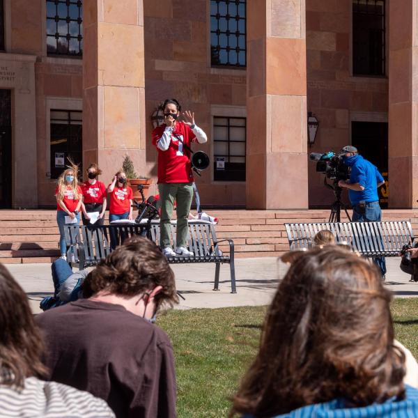 Students Demand Action at the University of Colorado Boulder host a rally on March 30 honoring the victims of the March 22, 2021 mass shooting in Boulder. (Photo by Patrick Campbell/University of Colorado)
