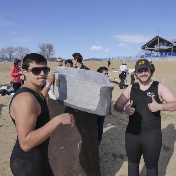 Members of the CU Boulder chapter of the American Society of Civil Engineers raced concrete canoes during the Rocky Mountain Regional Competition at Boulder Reservoir. Photo by Casey A. Cass.