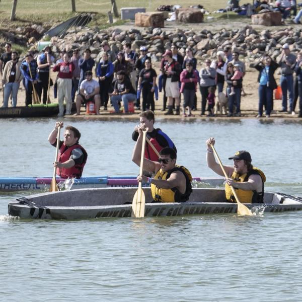 Members of the CU Boulder chapter of the American Society of Civil Engineers raced concrete canoes during the Rocky Mountain Regional Competition at Boulder Reservoir. Photo by Casey A. Cass.
