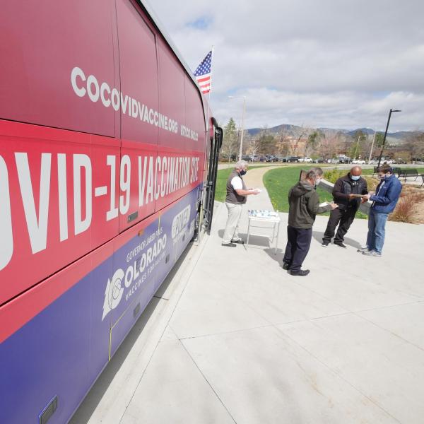 A mobile COVID-19 vaccination bus is parked at the Williams Village residence complex at CU Boulder. (Photo by Casey A. Cass/University of Colorado)