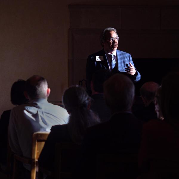 Distinguished Professor James Anaya speaks during the EU visit.