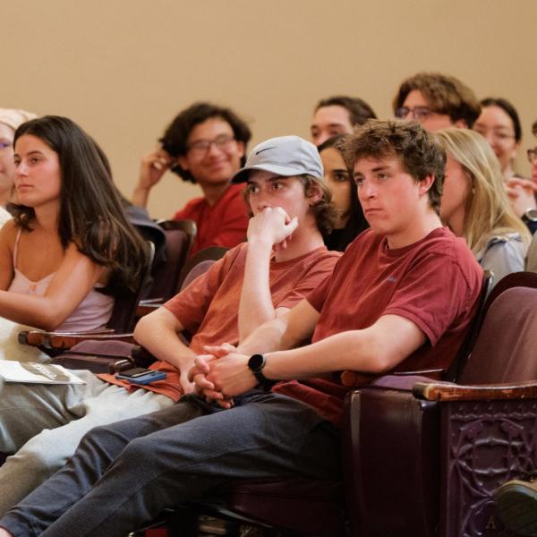 Audience members listen as Rose Marcario answers questions. (Glenn J. Asakawa/University of Colorado)