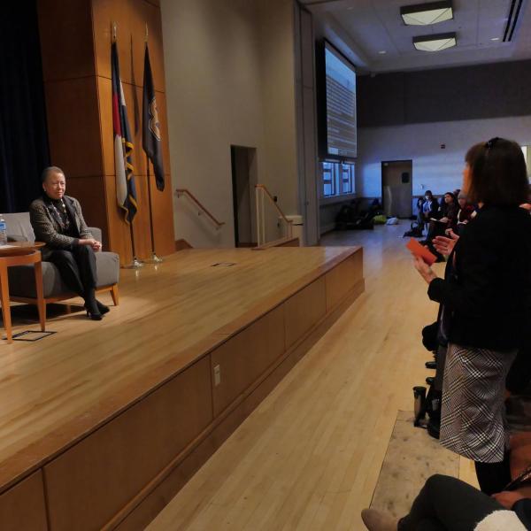 Vice Chancellor for Strategic Relations and Communications Frances Draper poses a question to Beverly Tatum. Photo by Casey A. Cass.