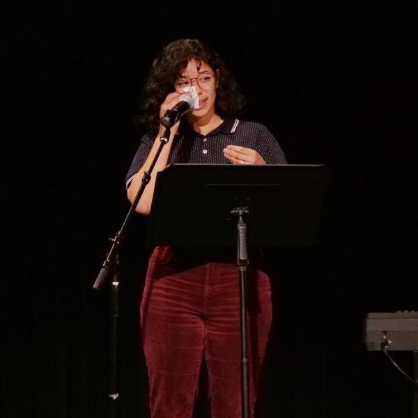 A performer presents a monologue during the MOTUS Theater UndocuAmerica; Monologues performance at the 2019 Diversity and Inclusion Summit at CU Boulder. (Photo by Casey A. Cass/University of Colorado)