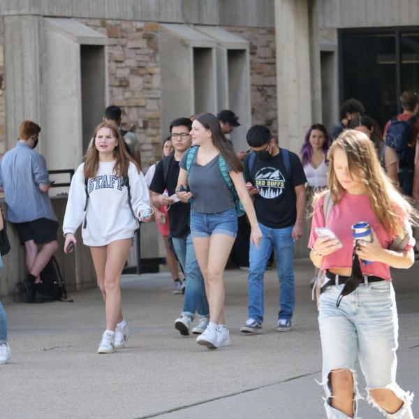 Students come and go from the Engineering Center during fall 2021's first day of classes at CU Boulder. (Photo by Casey A. Cass/University of Colorado)