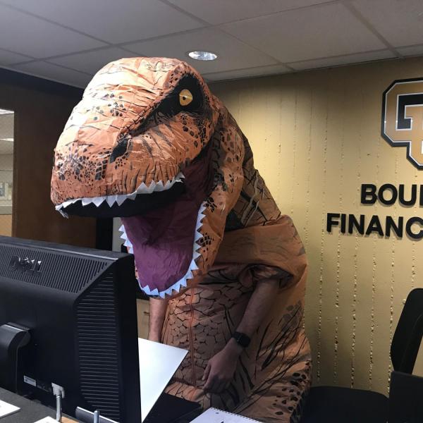 Chase Gordanier as a T-rex for this year's Halloween festivities.