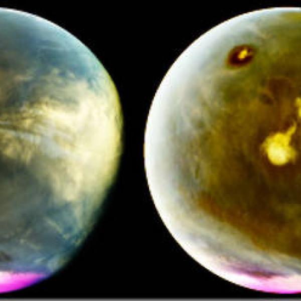 Mars’ prominent volcanoes, topped with white clouds, can be seen moving across the disk.