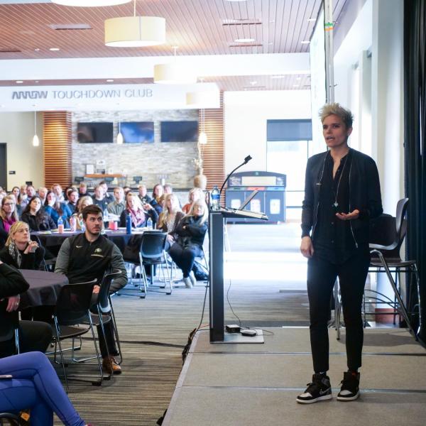 Kate Fagan speaks during the 2020 Inclusive Sports Summit at CU Boulder. (Photo by Patrick Campbell/University of Colorado)