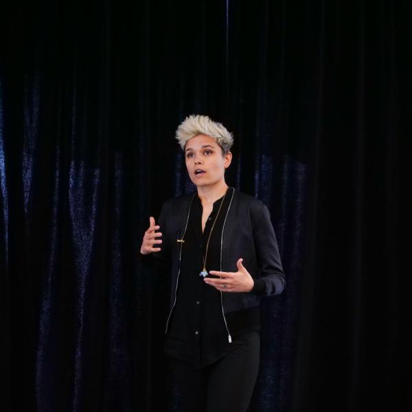 Kate Fagan speaks during the 2020 Inclusive Sports Summit at CU Boulder. (Photo by Patrick Campbell/University of Colorado)