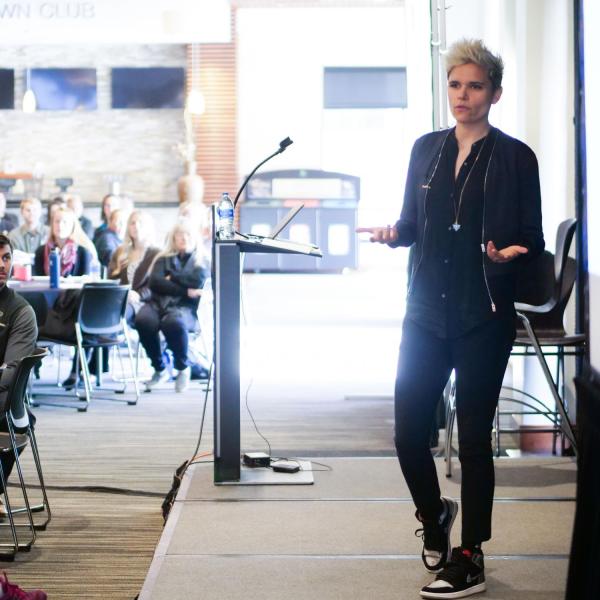 Kate Fagan speaks during the 2020 Inclusive Sports Summit at CU Boulder. (Photo by Patrick Campbell/University of Colorado)