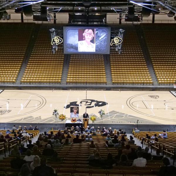 The memorial service for Teri Leiker was held April 9, 2021, at the CU Events Center. Leiker died March 22 at the King Soopers on Table Mesa Drive. (Casey Cass/CU Boulder)