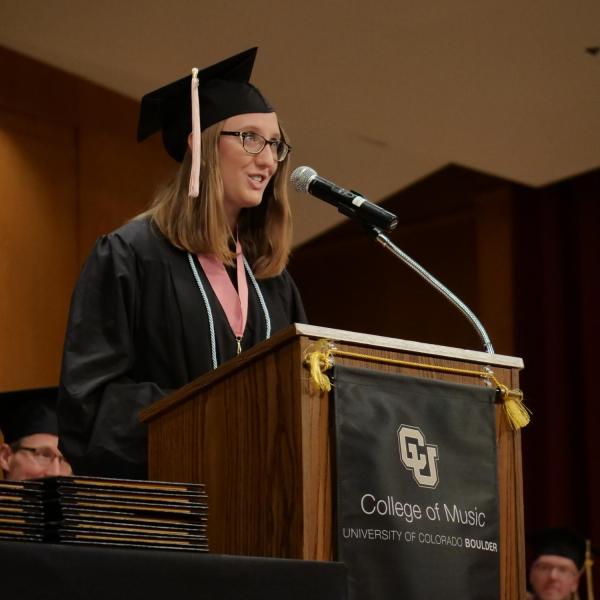 Caroline Vickstrom gives Outstanding Graduate Address during the College of Music ceremony