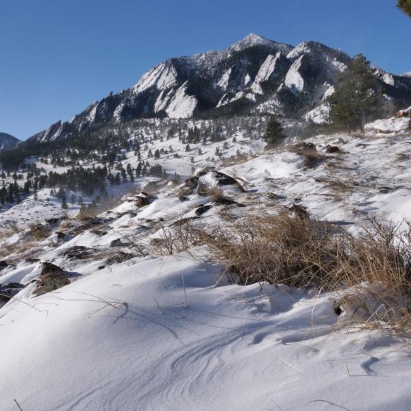 The snow-swept Flatirons above Boulder. Photo by Casey A. Cass.