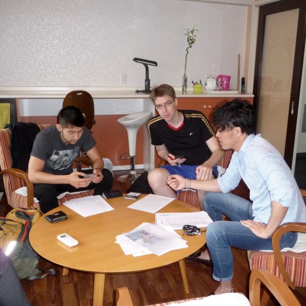 Dormitory orientation with Francisco Kaito Padilla and James Hage, interns, and Jimmy Wu, dorm manager