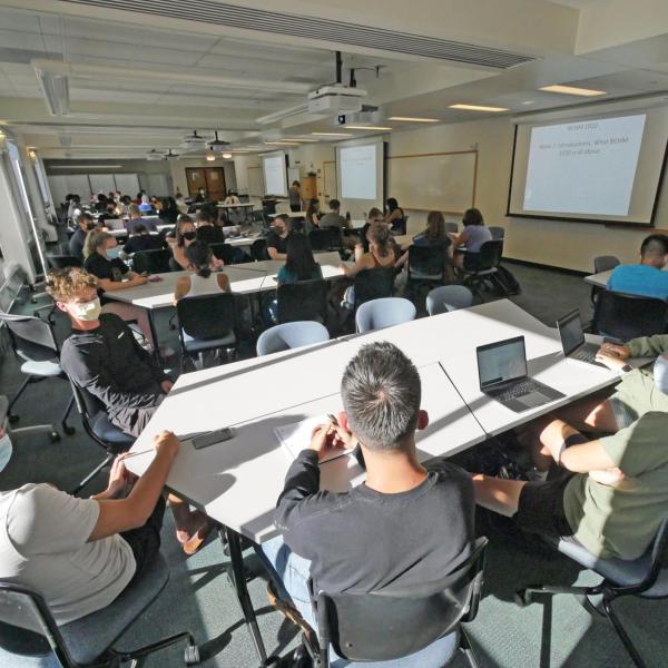 Professor Amy Palmer teaches a biochemistry class as classes begin CU Boulder. (Photo by Casey A. Cass/University of Colorado)