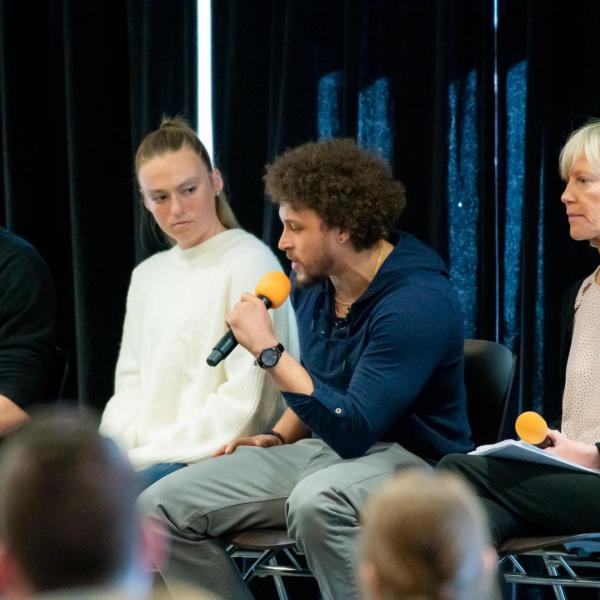 Phillip Lindsay speaks during the 2020 Inclusive Sports Summit morning keynote address at CU Boulder. (Photo by Patrick Wine/University of Colorado)