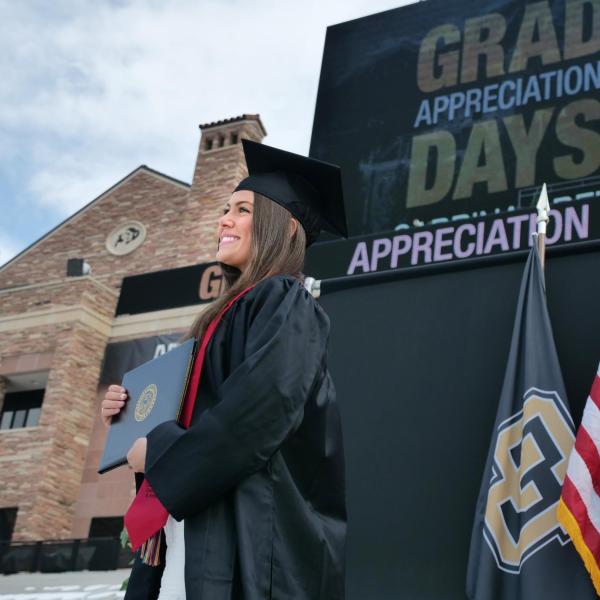 The 2021 Graduation Appreciation Days stage crossing photo-ops in Folsom Field at CU Boulder. (Photo by Casey A. Cass/University of Colorado)