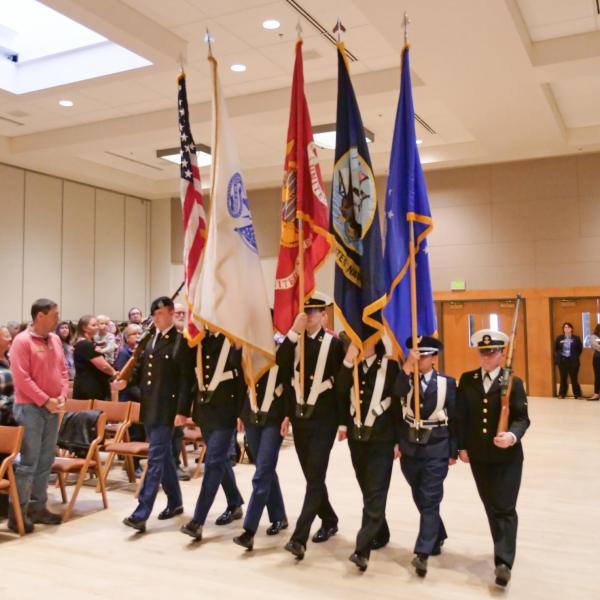 The CU Boulder color guard presents the colors during the 2019 Veterans Day Ceremony in the University Memorial Center at CU Boulder. (Photo by Casey A. Cass/University of Colorado)