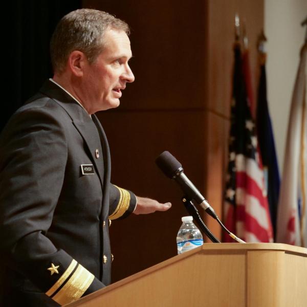 Rear Admiral Marcus A. Hitchcock gives the keynote address during the 2019 Veterans Day Ceremony in the University Memorial Center at CU Boulder. (Photo by Casey A. Cass/University of Colorado)