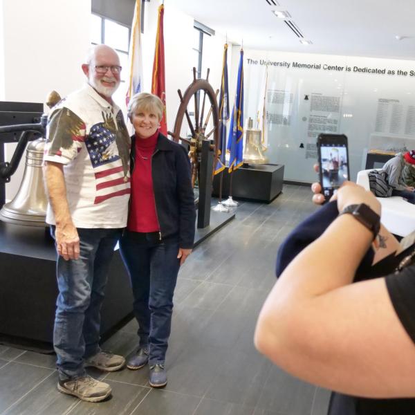 A couple visits the Veterans Memorial Lounge after the 2019 Veterans Day Ceremony in the University Memorial Center at CU Boulder. (Photo by Casey A. Cass/University of Colorado)