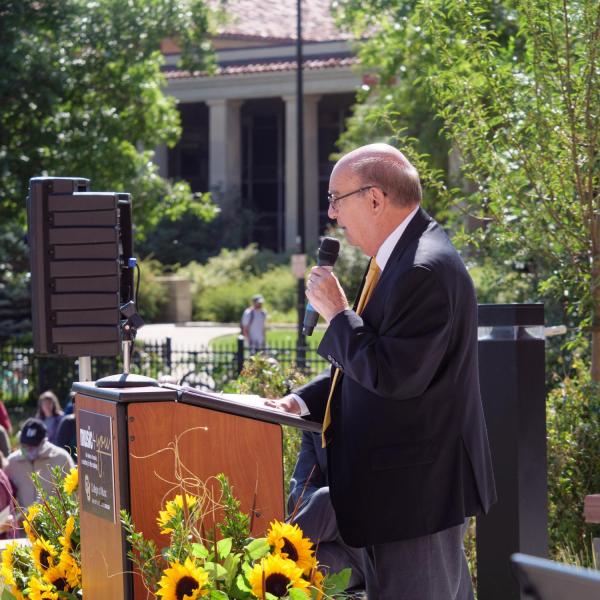 CU Boulder Chancellor Philip DiStefano speaks at the official ribbon-cutting and opening of the Warner Imig Music building expansion. (Photo by Glenn Asakawa/University of Colorado)