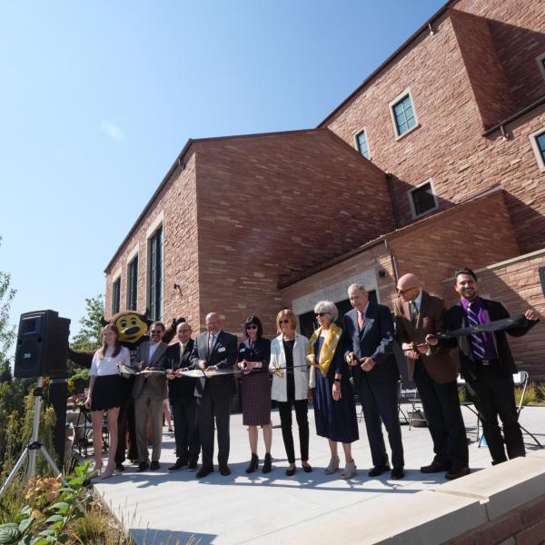 CU Boulder and College of Music faculty, leadership, guests, donors, alumni and other dignitaries gather for the official ribbon cutting and opening of the Warner Imig Music building expansion on Sept. 17, 2021. (Photo by Glenn Asakawa/University of Colorado)