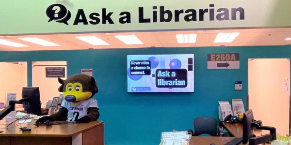 Chip the buffalo mascot working at the Ask a Librarian service desk