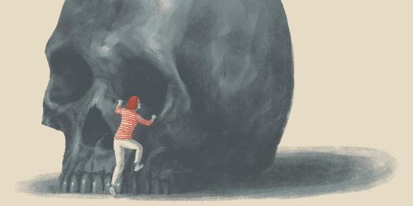 illustration of Sharon DeWitte climbing inside a giant skull
