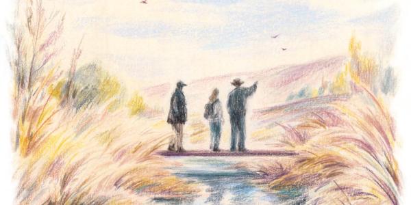 Illustration of people standing near an acequia in southern Colorado