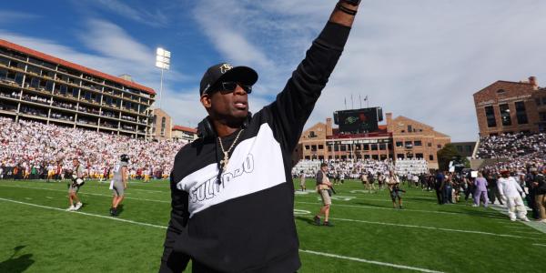 Deion “Coach Prime” Sanders addresses the crowd before the CU vs. USC football game