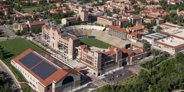 an aerial view of CU Boulder's Folsom Stadium, the Champions Center and Indoor Practice Facilities