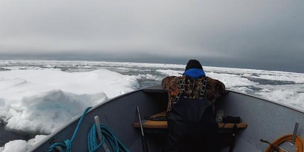 Researcher in boat on the Bering Sea