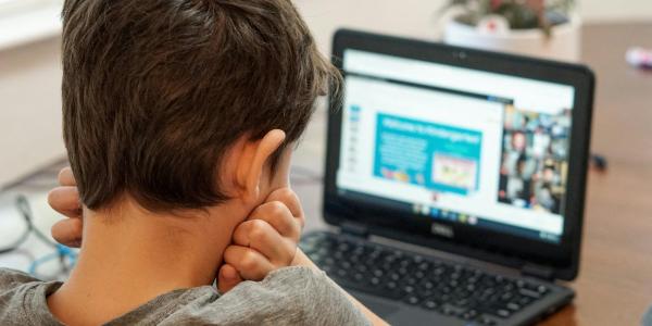 Boy holds head in hands while looking at laptop screen