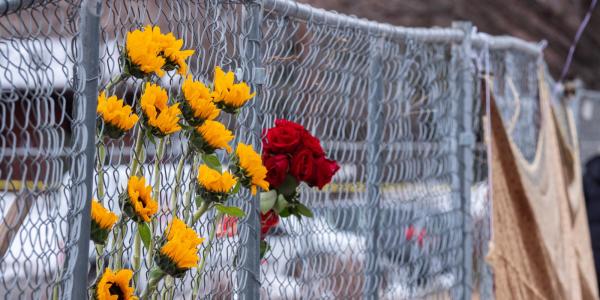 flowers line fence surrounding King Soopers parking lot in Boulder