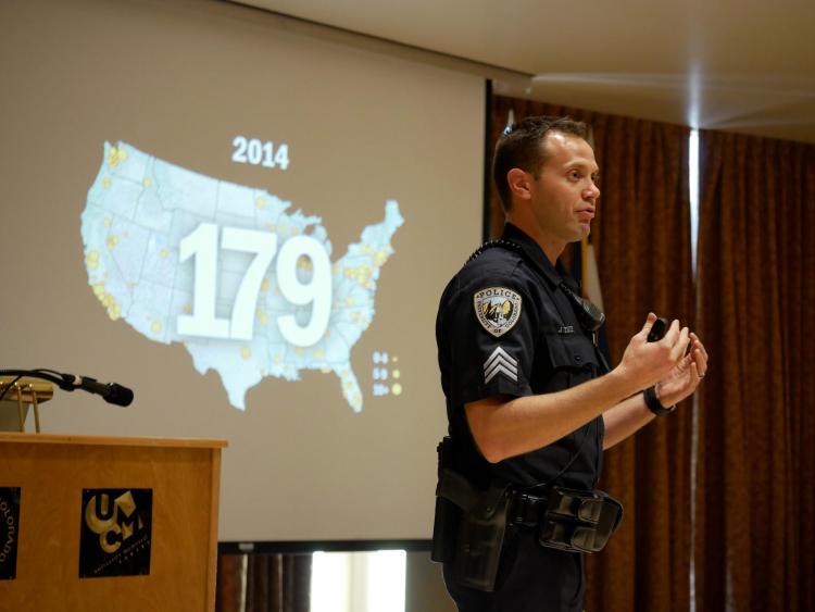 CU Boulder Police Sgt. John Zizz leads active harmer training class on campus