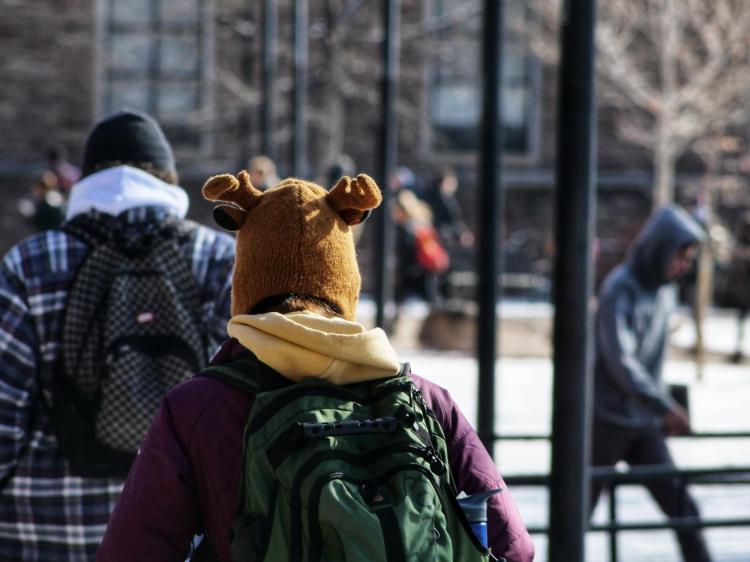 An unidentified Buff sports a cap of a different animal on the way to class on a chilly Friday morning. 