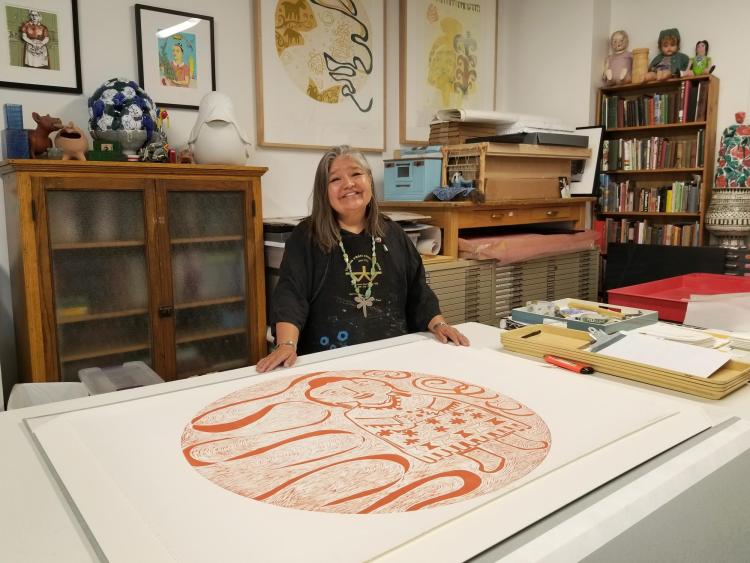 Photo of printmaker Melanie Yazzie in her studio