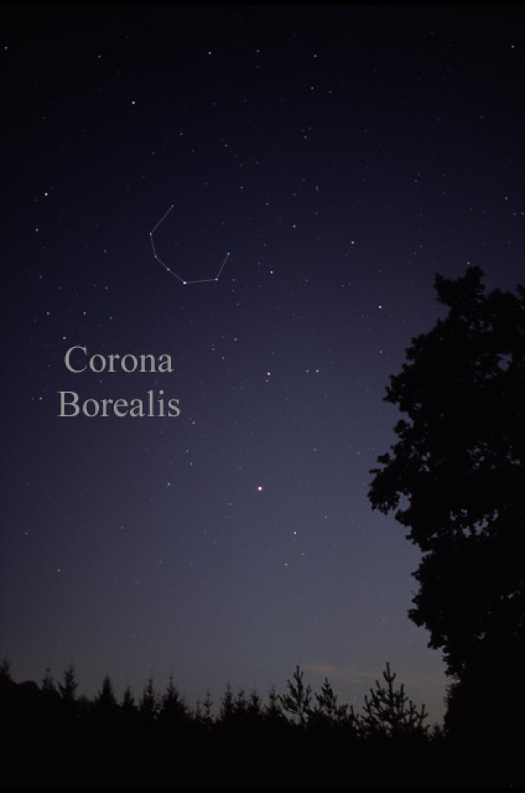 Image of night sky with u-shaped constellation highlighted and the words "corona borealis"