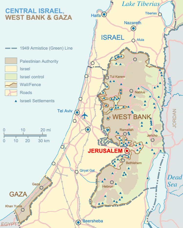 Map of central Israel, West Bank and Gaza