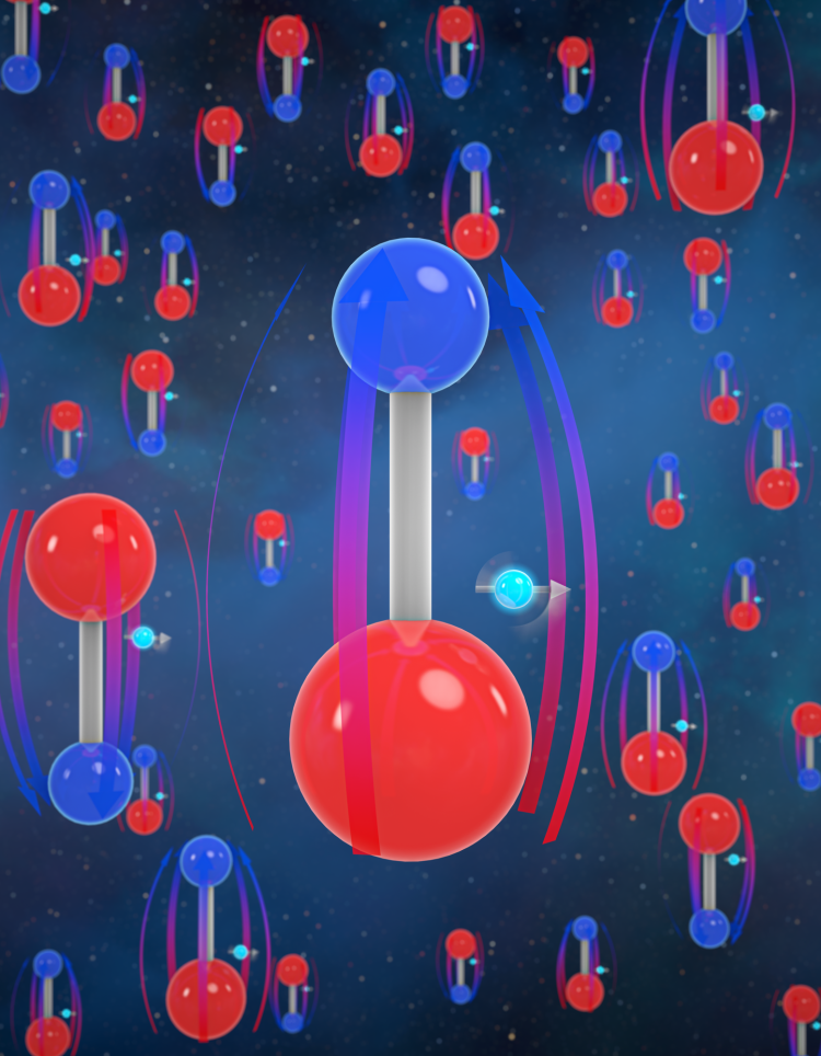 Illustration of multiple molecules made up of two atoms represented by blue and red spheres