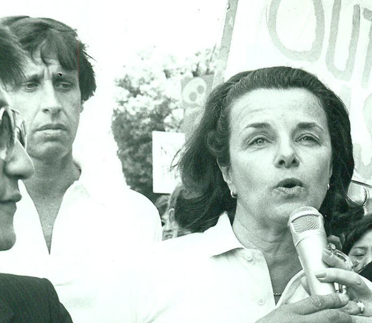 Sen. Feinstein speaks at a rally in the late 1970s. 
