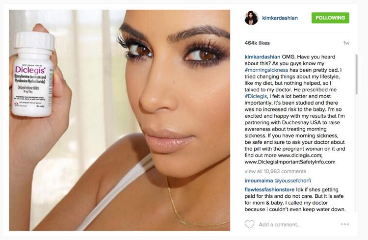 Kim Kardashian Instagram post about Diclegis morning sickness drug