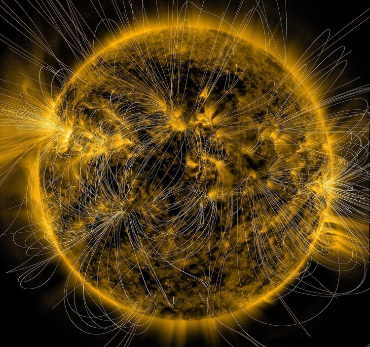 Visualization of the sun with dozens of looping lines emerging from the surface